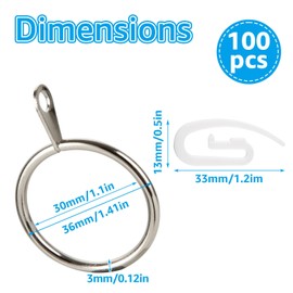 SHUESS 100 Pack Silver Metal Curtain Rings - 30mm Internal Diameter Curtain Pole Rings with 100 White Plastic Hooks, Ideal for Window Rods, Decorative Drapery (3mm Thick)