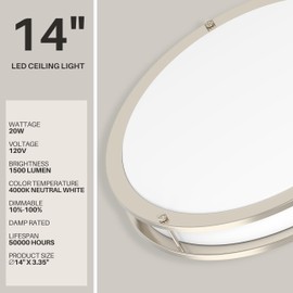 DYMOND LED Ceiling Light Fixture Flush Mount 4000K Natural Daylight Dimmable Surface Mount Brushed Nickel Ceiling Lamp for Kitchen, Hallway, Bathroom, Bedroom, Closet (14 Inch)