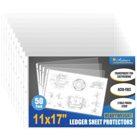 Antner 11x17 Inch Sheet Protectors (50-Pack) - Ledger Size Heavy Duty Clear Plastic Archival Sleeves, 3 Hole Punched for 3-Ring Binders, Side Loading Oversized Page Protectors for Documents Newspaper