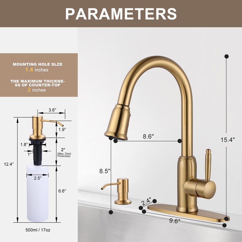 Gold Kitchen Faucet with Soap Dispenser, WOWOW Stainless Steel Kitchen