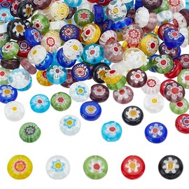 HOBBIESAY 150Pcs Millefiori Lampwork Glass Beads 7-9mm Flower Flat Round Spacer Beads Mixed Colors Coin Glass Loose Beads for DIY Bracelets Earring Necklace Jewelry Making,Hole:1mm