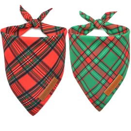 Realeaf Christmas Dog Bandanas 2 Pack, Reversible Red Green Plaid Dog Scarf, Xmas Pet Bandana for Boy and Girl, Premium Durable Fabric, Holiday Check Bandana for Medium and Large Dogs Pets (Large)