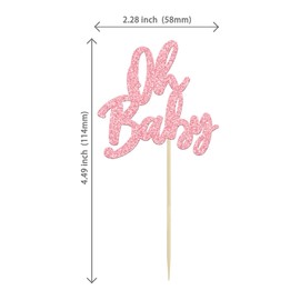 24 piezas Oh Baby Cupcake Toppers con purpurina para baby shower para revelar género, baby shower, niños, niñas, fiesta de cumpleaños, decoración de pasteles, color rosa claro