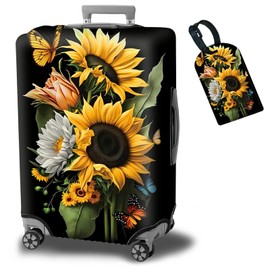 Luggage Cover Suitcase Protector Plus 1 Luggage Tag, Sunflower Orchids Travel Suitcase Cover Suitable for 26-28 inch Luggage (L) with Concealed Zipper Washable Elastic Cloth Dustproof Anti-Scratch