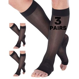 (3 Pairs) Plus Size Sheer Compression Socks for Women 15-20mmHg - Womens Knee High Support Stockings with Open Toe for Post Surgery Recovery, Swelling, Edema - Black, 6X-Large - A111BL9-3