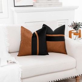 Vfuty Set of 2 Black and Brown Decorative Throw Pillow Covers 18x18 Inch Faux Leather and Velvet Patchwork Pillow Cover,Modern Farmhouse Accent Pillow Case for Living Room Couch Bed Boho Home Decor