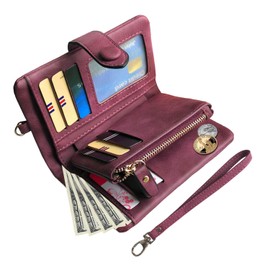 PofeeXIO Womens Small Bifold Leather Wallets RFID Ladies Wristlet with Card Slots id Window Zipper Coin Purse (Purple)