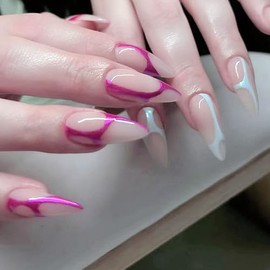 Mgmxbsth 24Pcs Almond Fake Nails,Mix Colours Press on Nails,Chrome Powder Glossy Fake Nails, Stick on Nails with Designs Stick for Women and Girls (Line Magic)