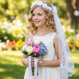 GEEHUA First Communion Headbands for Girls, White Flower Headband Veil Headpiece Floral Bridal Crown Bow Wedding Veils with Pearls Hair Wreath Accessories for Women Girls