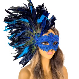 Venetian Feather Masquerade Mask Mardi Gras Burlesque Masks for Women Costume Feather Masks Venetian Cospaly Masks (Blue)