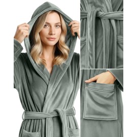NY Threads Premium Womens Robe with Hood, Plush Fleece Long Bath Robe for Women, Fluffy Soft Women's Bathrobe, Large, Steel Grey
