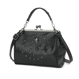Women Skull Handbag Vintage PU Kiss Lock Gothic Rivet Shoulder Crossbody Bag Evening Clutch Satchel Purse (Black-full Skull)