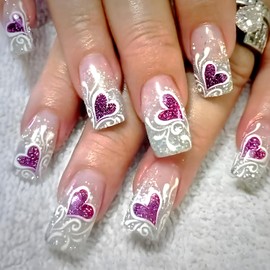 Valentine's Day Press on Nails Medium Square Fake Nails With Purple Heart Designs Valentines Day Glitter False Nails Full Cover Stick on Nails Acrylic Romantic Artificial Nails for Women 24 Pcs