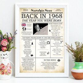 57th Birthday Gift for Men Women Born In 1968 Newspaper Print for Grandad Grandma Nan A4 Nostalgic Print