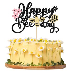 Paquete de 1 decoración para tartas de Happy Bee Day con purpurina, diseño de abejorro, decoración para baby shower, niños, suministros para fiestas de cumpleaños, color negro