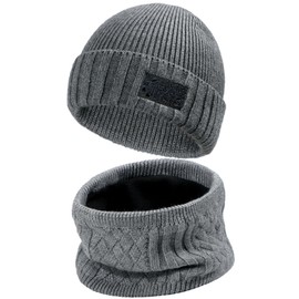 Winter Beanie Hat Scarf for Men Women Warm Knit Ski Beanie Skull Cap Neck Warmer Gaiter Set Light Grey