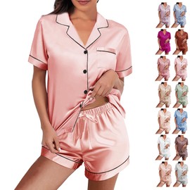 WJing Yi Jia Womens Silk Satin Pajamas Loungewear Two-Piece Sleepwear Button-Down Floral Pj Set XS-4XL