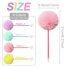 SBYURE 4 Pack Pom Pom Pens Fluffy Ballpoint Pen Cute Pens for Girls Fuzzy Pens for School Office,Blue Gel Ink,Pink,Puple,Yellow,Green