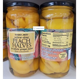Trader Joe's Yellow Cling Peach Halves in white grape juice from concentrate 25oz 700g (Two Bottles)