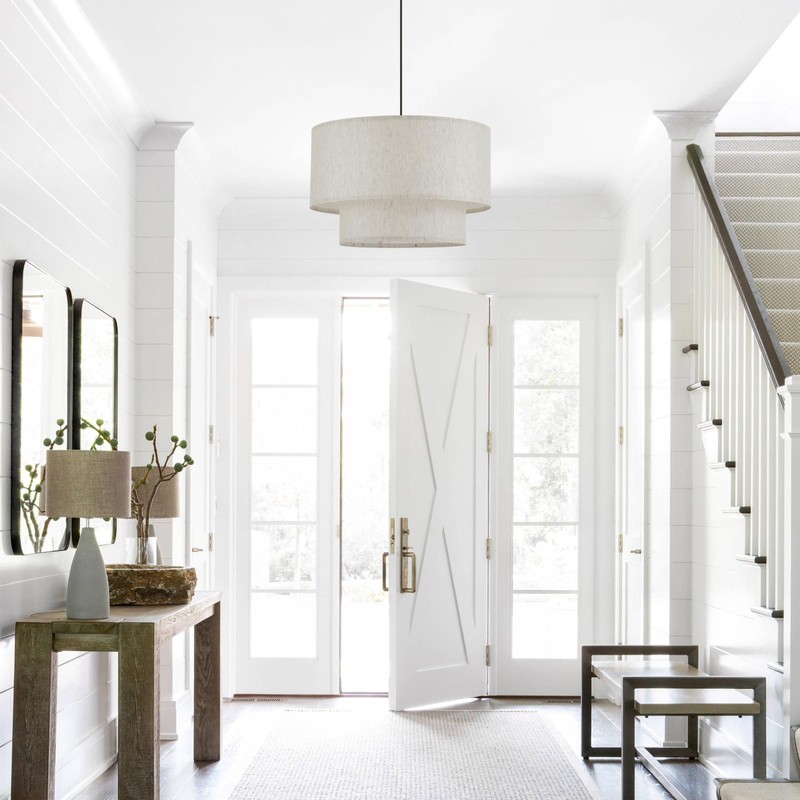 VILUXY Drum Fabric Pendant Light Farmhouse White Chandelier Double Drum