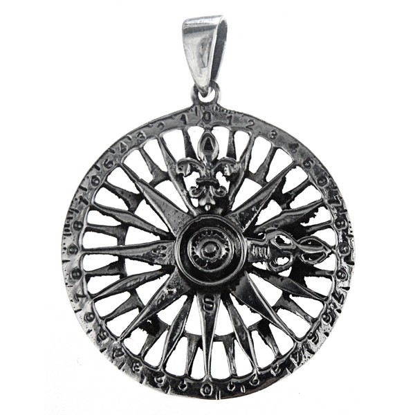 Kiss of Leather Compass Wind Rose Pendant 925 Sterling Silver