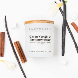 SweetHollow Vanilla Cinnamon Luxury Candle in White Jar with Wood Lid, Bakery Fragrance for Home and Gifts, Highly Scented and Long Lasting Coconut Wax, Aromatherapy and Relaxation, Large