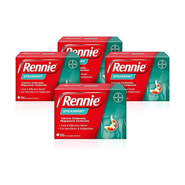 Rennie Antacids, Spearmint Flavour Heartburn Relief and Indigestion Tablets, Fast and Effective Relief for Acid Reflux, 4 Packs of 96 Tablets