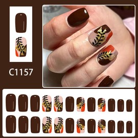 24 Pcs Square Press on Nails Fall Short Fake Nails Orange Red False Nails with Laef Design Acrylic Press ons Full Cover Stick on Nails for Women Girls