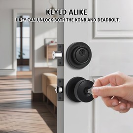 Matte Black Door Knob and Deadbolt Set,Single Cylinder Deadbolt Lock and Door Knob with Lock, Keyed Alike Door Locks for Front Door