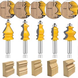 LEATBUY 1/2 Inch Shank Architectural Molding Router Bit Set 5 PCS, Corner Rounding Edge Forming Roundover Beading Router Bit Set, Woodworking Milling Cutter Tools, Carbide Cutter CNC Router(Square)