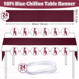 Chumia 24 Pack Chiffon Table Runners Romantic Sheer Table Decorations Long Tulle Runner for Wedding Bridal Shower Party Supplies Decor, 118 x 12 Inches (Burgundy)