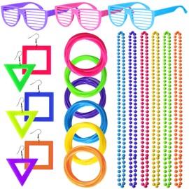 YAROMO 80's Outfit Party Accessories for Women, Including Neon Earrings Necklaces Colorful Rock Pop Star Disco Slap Bracelets Bands Plastic Shutter Shades Glasses for Retro 80s 90s Party