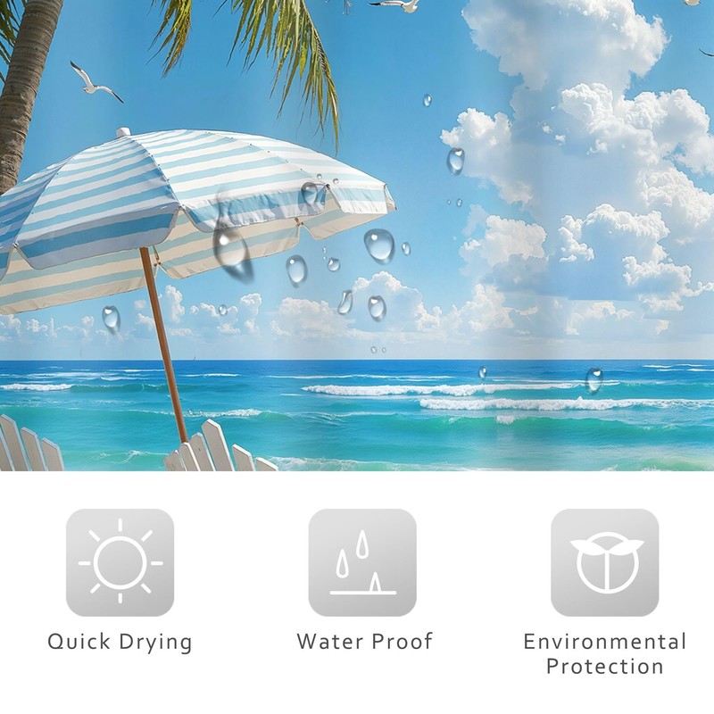 Riyidecor Blue Ocean Beach Theme Shower Curtain 72Wx72H Inch Summer