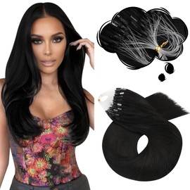 Moresoo Black Micro Loop Hair Extensions Real Human Hair Microring Hair Extensions Jet Black Micro Beads Human Hair Extensions 1g/s 50g/Pack,16 Inch #1