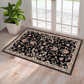 Washable Entryway Rug 3x5 | Non Slip Rug Runners for Hallways, Entryways, Kitchens, Bathrooms, Bedrooms | Ultra-Soft Flannel Carpet Kitchen Rug with Rubber Backing (Black Brown Cream, 3x5)