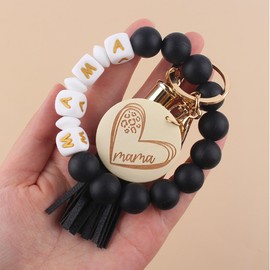 Mother'day Gift Keychain Wristlet,Wooden Mama Tag Silicone Letter Beaded Wrist Bracelet Tassel Bangle Keyring Gift to Mom (Black)