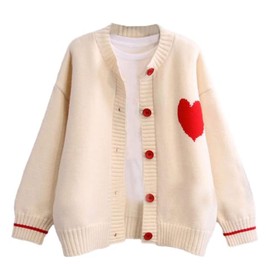FindThy Women's Cute Cardigan Sweater Kawaii Love Heart Print Y2K Button Knitted Outerwear(0335-Beige-L-LB)