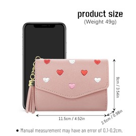 FuninCrea Ladies Purse Wallet, Small PU Leather Women’s Wallet, Three-fold Ladies Purse with 8 slots, Fashion Coin Purse with Embroidery Heart Pattern for Cash, ID Card, Credit Card (pink)