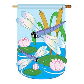 Two Group - Dragonfly Garden Friends - Everyday Bugs & Frogs Applique Decorative Vertical House Flag 28" x 44"