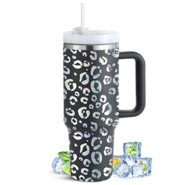 Herseme Upgraded 40 oz Tumbler with Handle, Tumbler with Lid and Straw Stainless Steel Double Wall Vacuum Insulated, 40 oz Leopard Tumbler with Handle, Straw, 2-in-1 Lid, Laser Gray Leopard