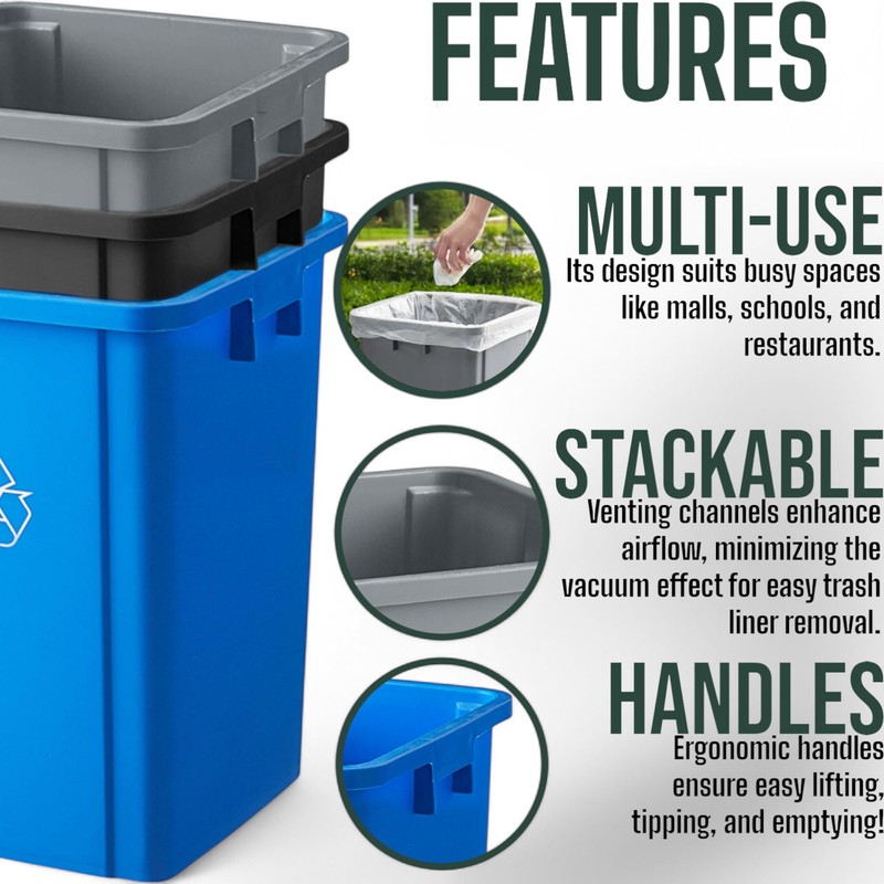 Mix.Home 19 Gallon Gray Square Trash Can, Plastic, Commercial Use