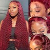 RAYLITTE 99J Burgundy Lace Front Wigs Human Hair Deep Wave Pre Plucked Red Colored Curly Human Hair Wig Glueless 13x4 HD Transparent Lace Closure Wigs for Black Women 180% Density (28 Inch)