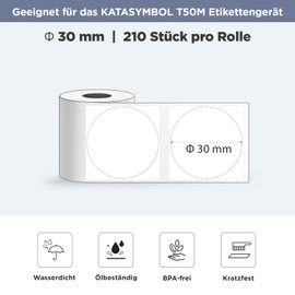 SUPVAN Katasymbol T50M Pro Label Tape Paper, Waterproof Labels for Home, School, Office, Diameter 30 mm, 210 Labels/Roll (White)