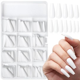 Bellelfin 240Pcs Long Press on Nails Coffin Nails Press ons White Glue on Nails Solid Color Long Fake Nails Full Cover Artificial Acrylic False Nails for Women Girls Fingernails Design