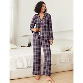 Ekouaer Pajamas Set for Womens 2 Piece Cotton Plaid Pjs Long Sleeve Sleepwear Soft Button Down Loungewear with Pockets