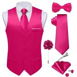 DiBanGu Mens Satin Suit Vest and Tie Set 8PCS Solid Waistcoat and Bowtie with Lapel Pin for Tuxedo Dress Vest Wedding Formal, Hot Pink, X-Large