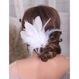 Aimimier 1920s Flapper White Feather Headpiece Crystal Feather Hair Clip Roaring 20s Feather Accessories Masquerade Hair Jewelry for Women and Girls