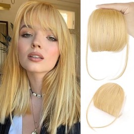Wispy Clip in Bangs 100% Unprocessed Human Hair Extensions Curved Bangs Clip on Hair for Women Fringe with Temples Hairpieces for Daily Wear 9 colors (#613 Light Blonde)