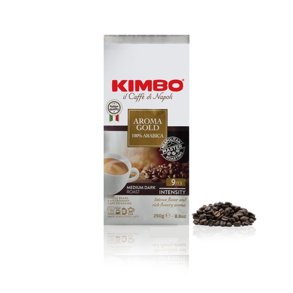 Kimbo Coffee, Aroma Gold 100% Arabica, Whole Coffee Beans, Medium Dark Roast, 9/13, Italian Coffee, 1 x 250g