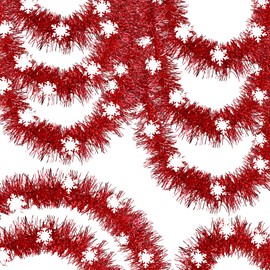50Ft Christmas Red and Snowflake Tinsel Garland Metallic Twist Shiny Christmas Garland for Xmas Christmas Tree Ceiling Hanging Decorations Holiday Wedding Home Party Supplies Indoor Outdoor Decor